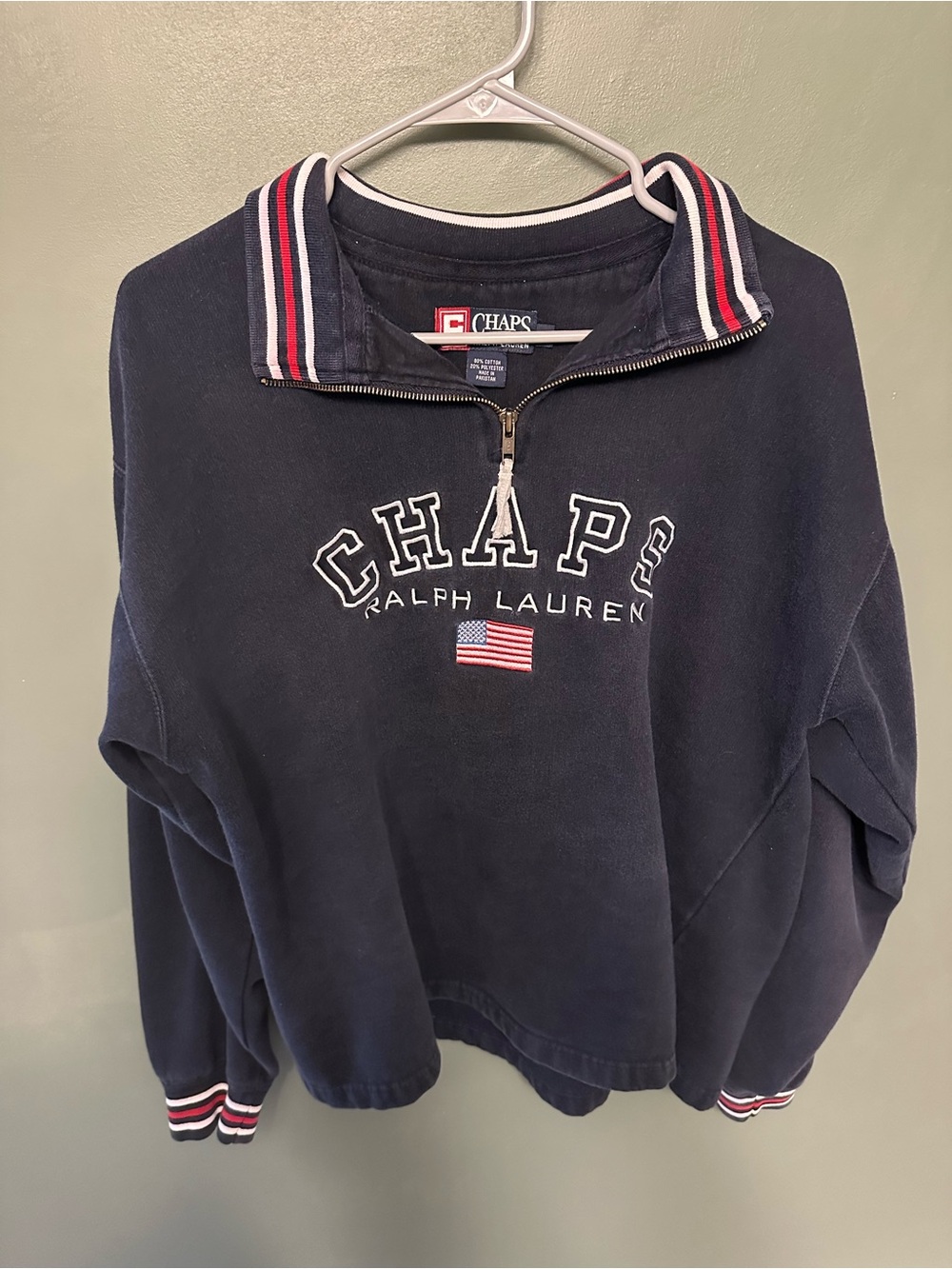 Ralph Lauren CHAPS Navy Quarter-Zip Sweatshirt with Red & White Trim